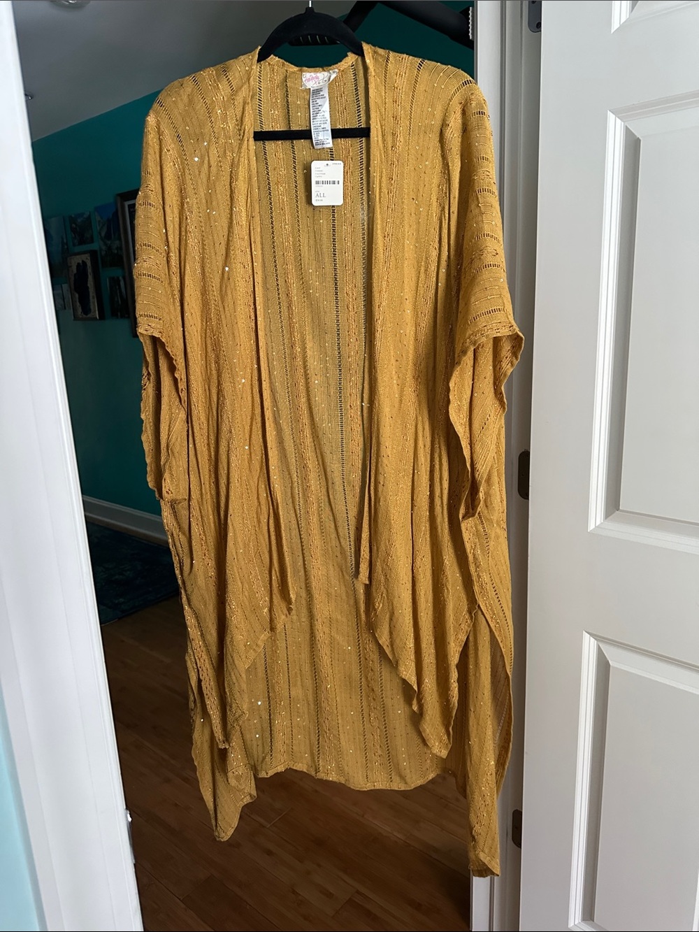 Free People Mustard Yellow Open-Front Knit Kimono